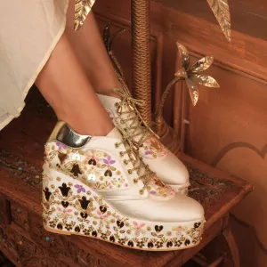 Nude High Heels Custom white multi color embroidery bridal sneaker wedges.
