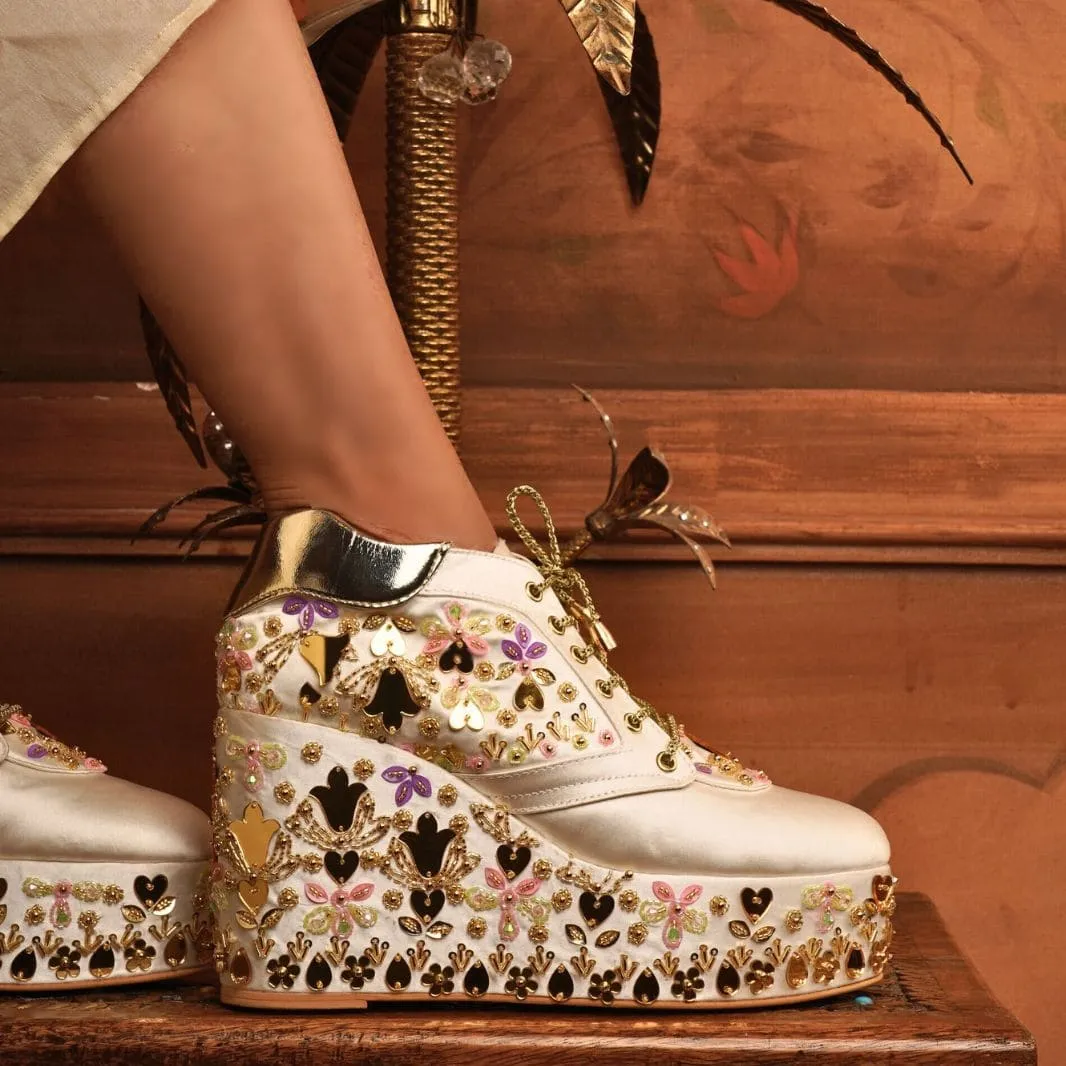 Custom white multi color embroidery bridal sneaker wedges. Closed Toe Ankle Strap High Heels