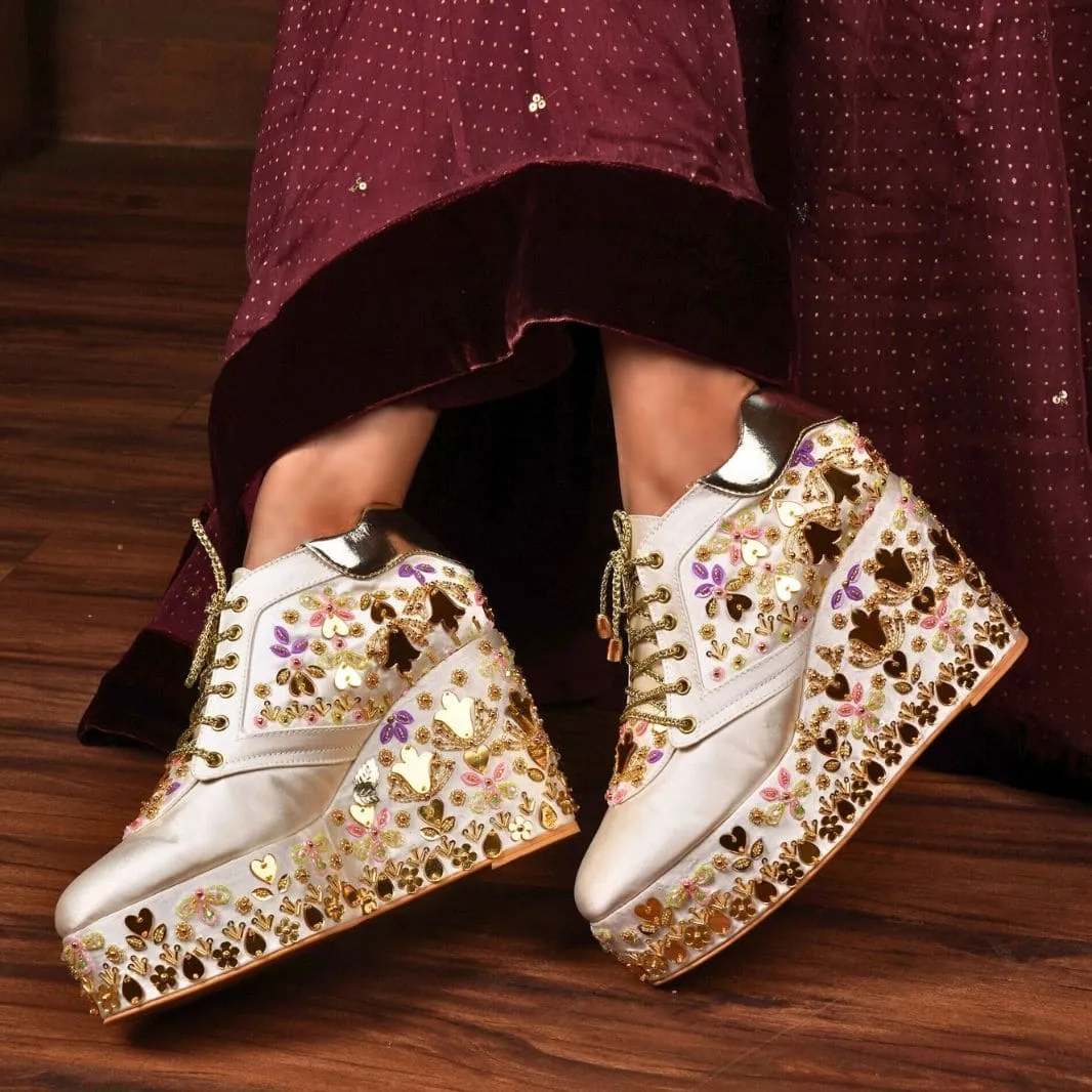 High Heel Savings Account Custom white multi color embroidery bridal sneaker wedges.