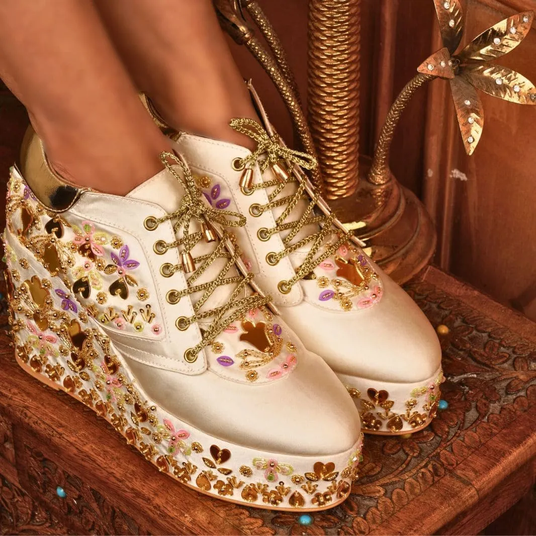 Exotic High Heels Shoes Custom white multi color embroidery bridal sneaker wedges.