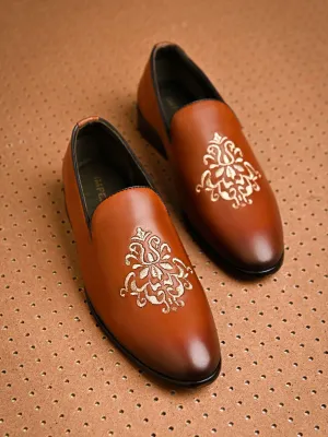 Imperio By Regal Tan Men Formal Leather Embroidered Slip Ons Dress Shoes For Flat Wide Feet