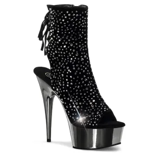 PLEASER DELIGHT-1018RS Black Velvet Pewter Rhinestone High Boots For Wide Calf