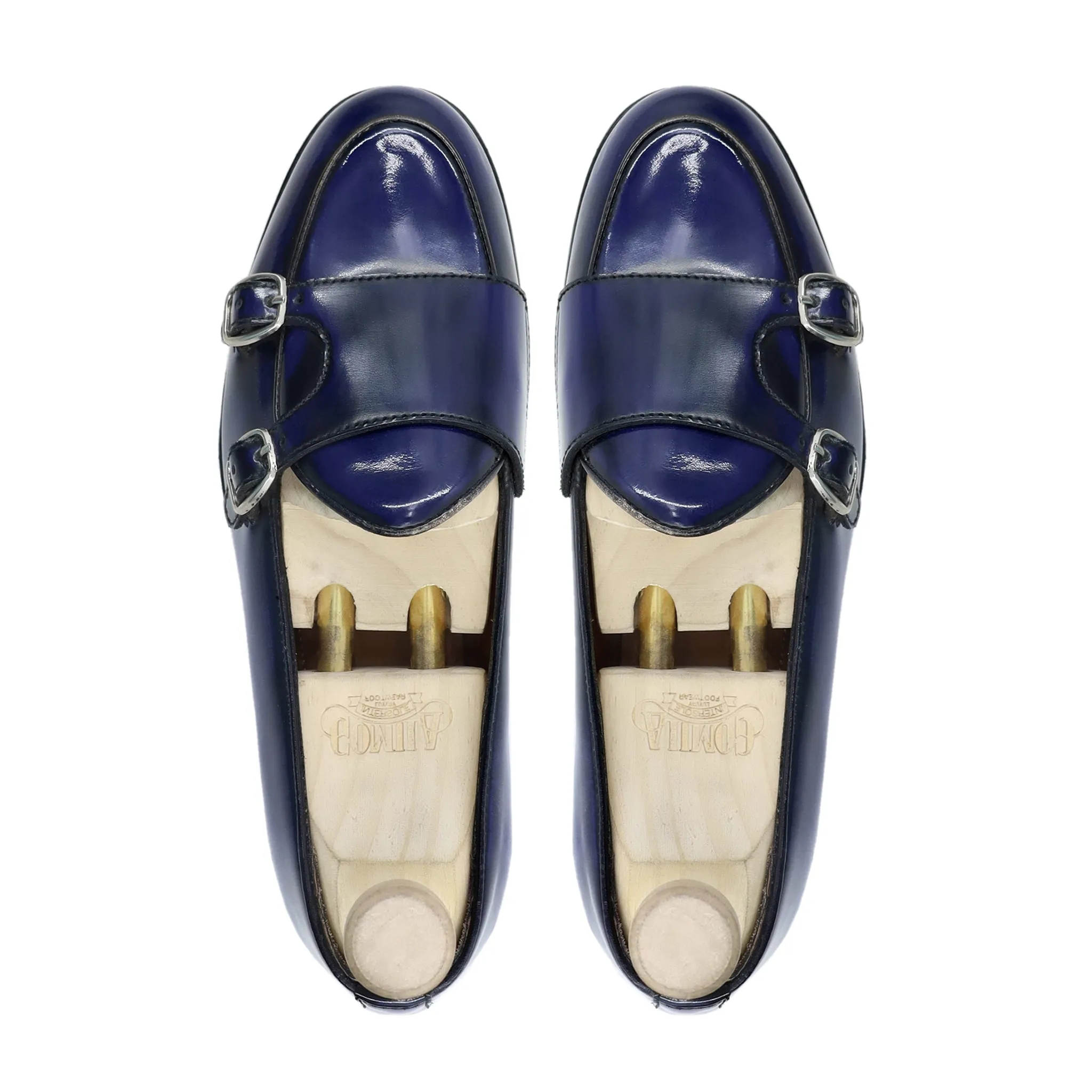 Jelenia - Men's Blue Box Leather Double Monkstrap Loafers Women's