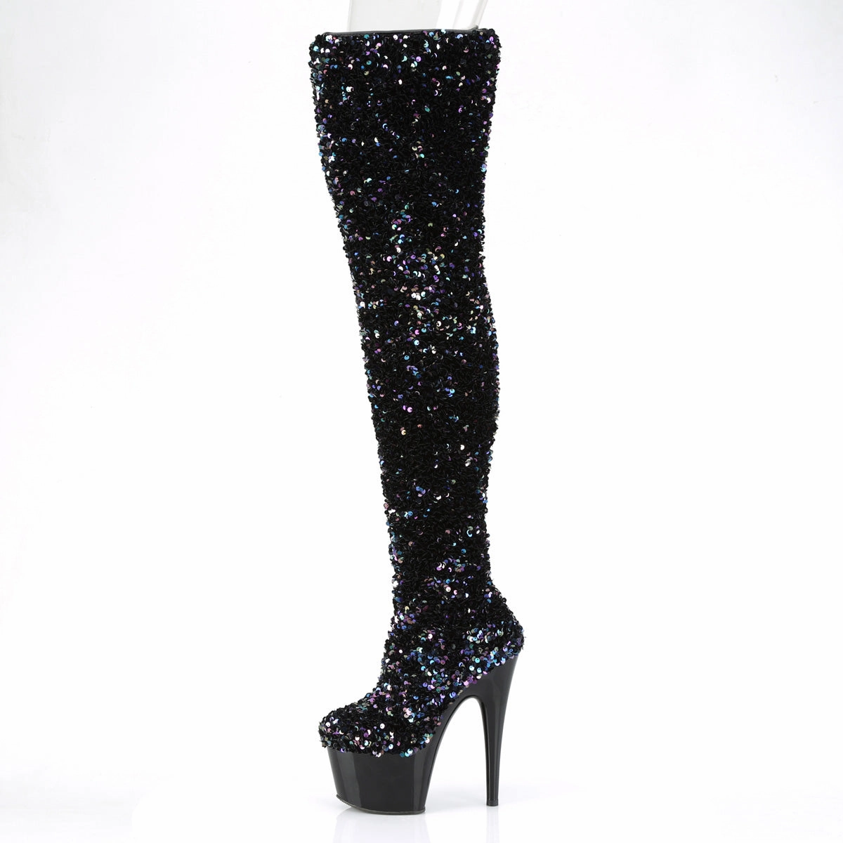 7 Inch Heel ADORE-3020 Black Multi Seuqins Outfits For High Knee Boots