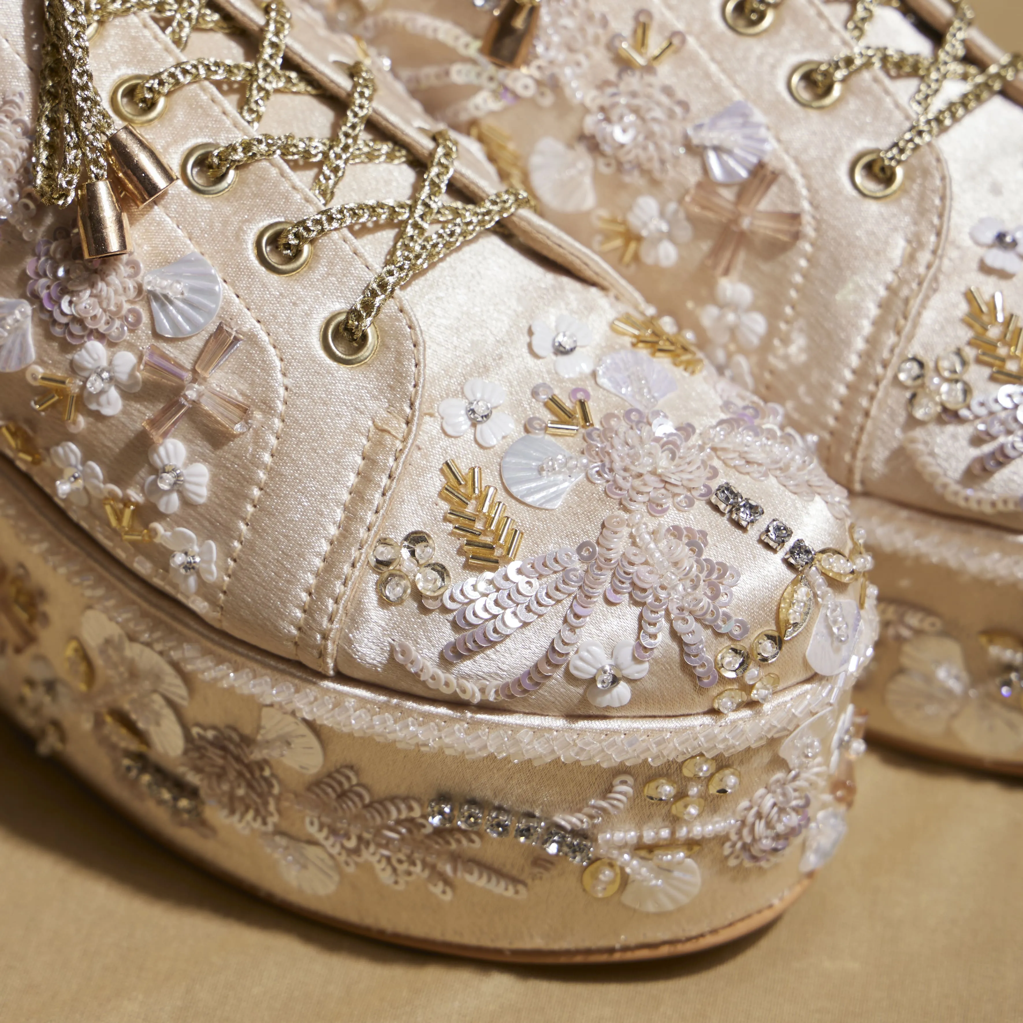 High Heel Shoes Kainat gold Gold Embroidered Wedge Sneakers  3 to 3.5 Inch Heel | Festive,  & Customisable