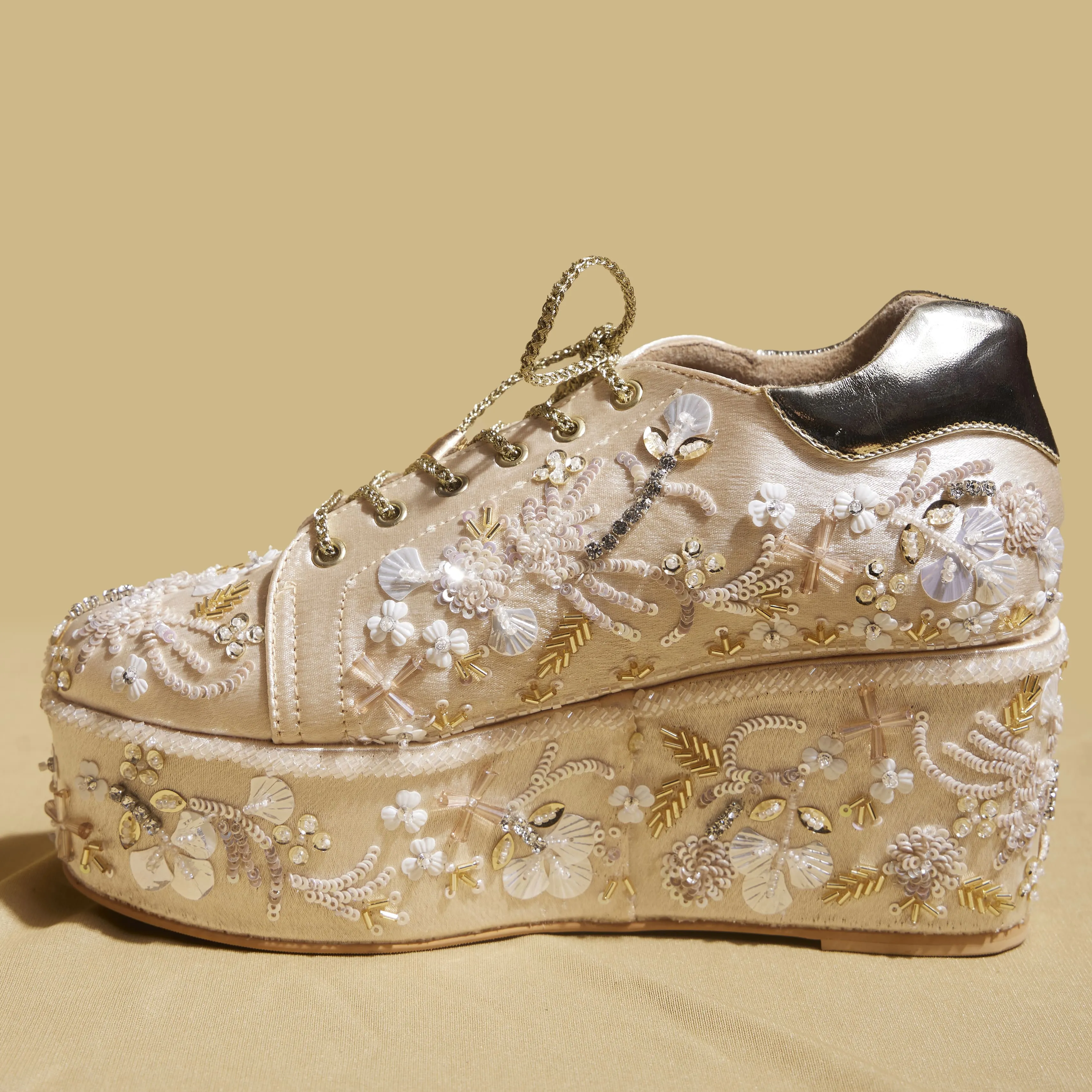 Kainat gold Gold Embroidered Wedge Sneakers  3 to 3.5 Inch Heel | Festive,  & Customisable High Heel Sports Shoes