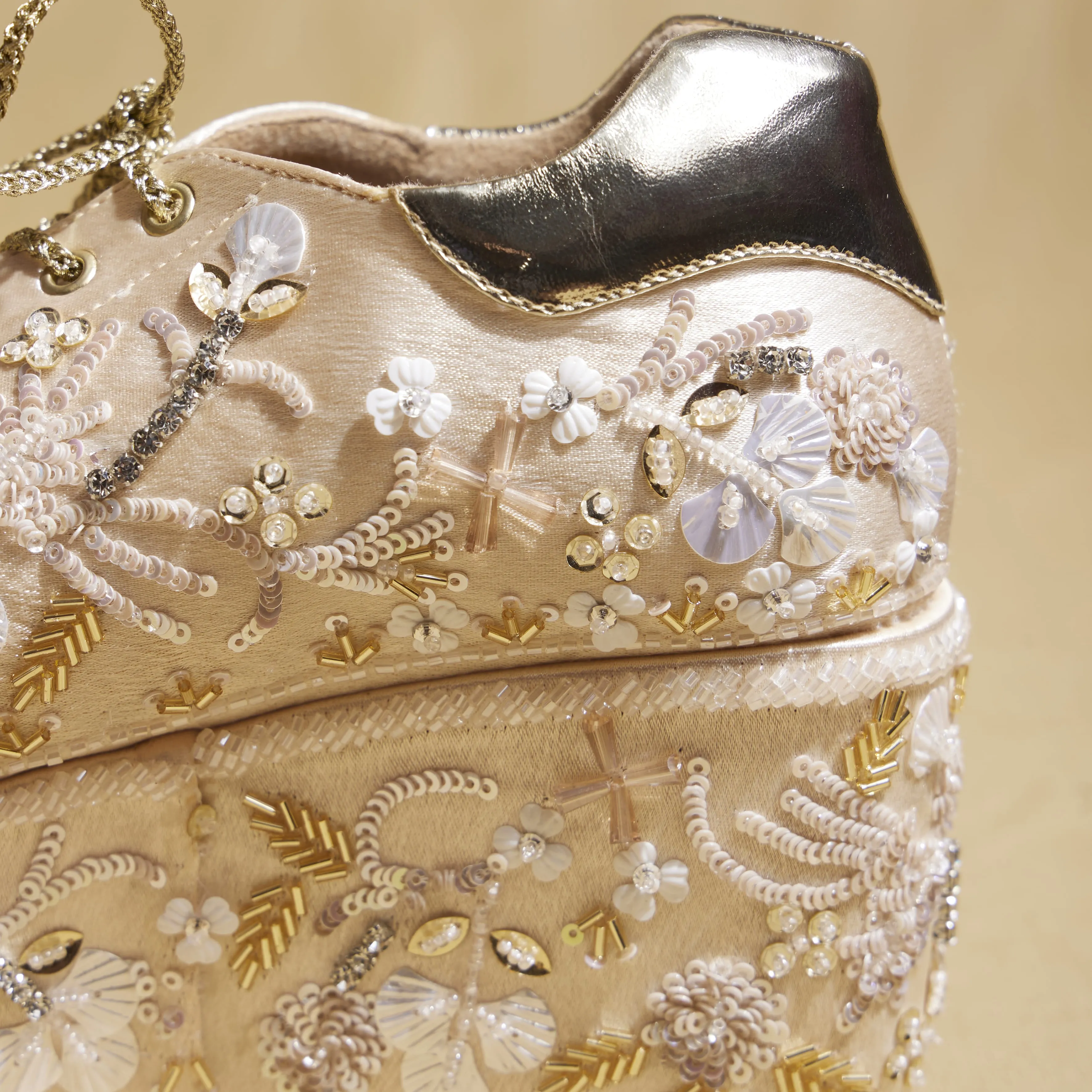 Ladies In High Heels Kainat gold Gold Embroidered Wedge Sneakers  3 to 3.5 Inch Heel | Festive,  & Customisable