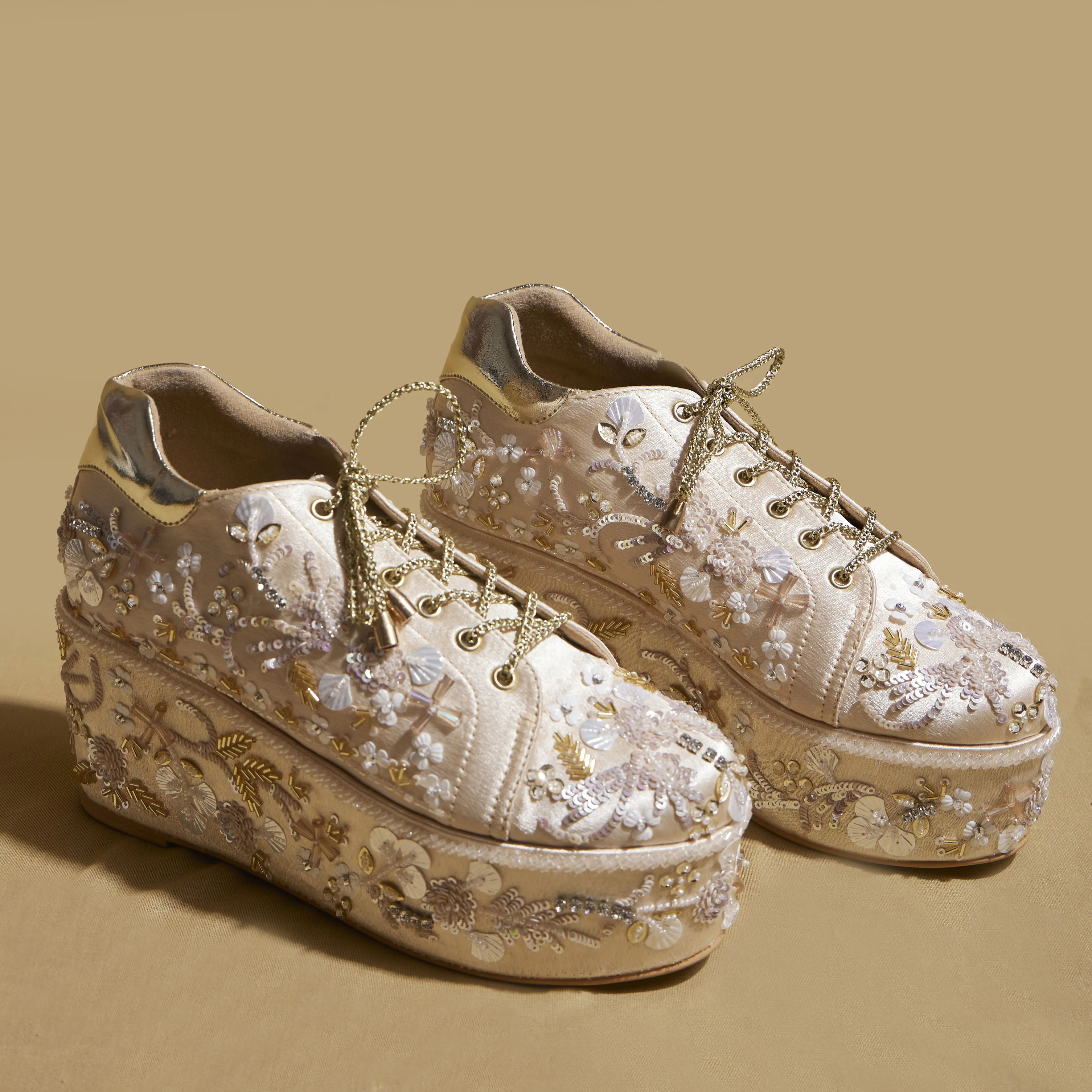 Kainat gold Gold Embroidered Wedge Sneakers  3 to 3.5 Inch Heel | Festive,  & Customisable High Heels And Bikinis