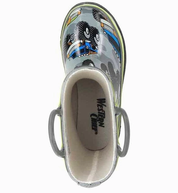 White Western Cowboy Boots Kids Monster Truck Rain Boot - Charcoal