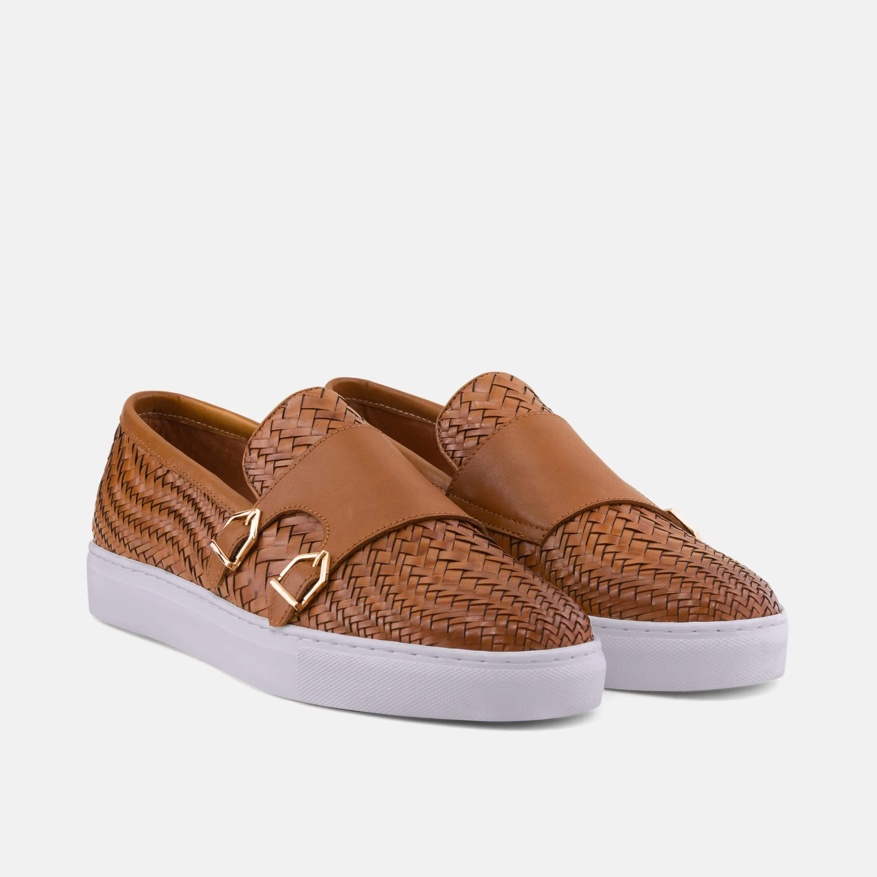 On Shoes Training Kyler Cognac Woven Leather Monk Strap Sneakers