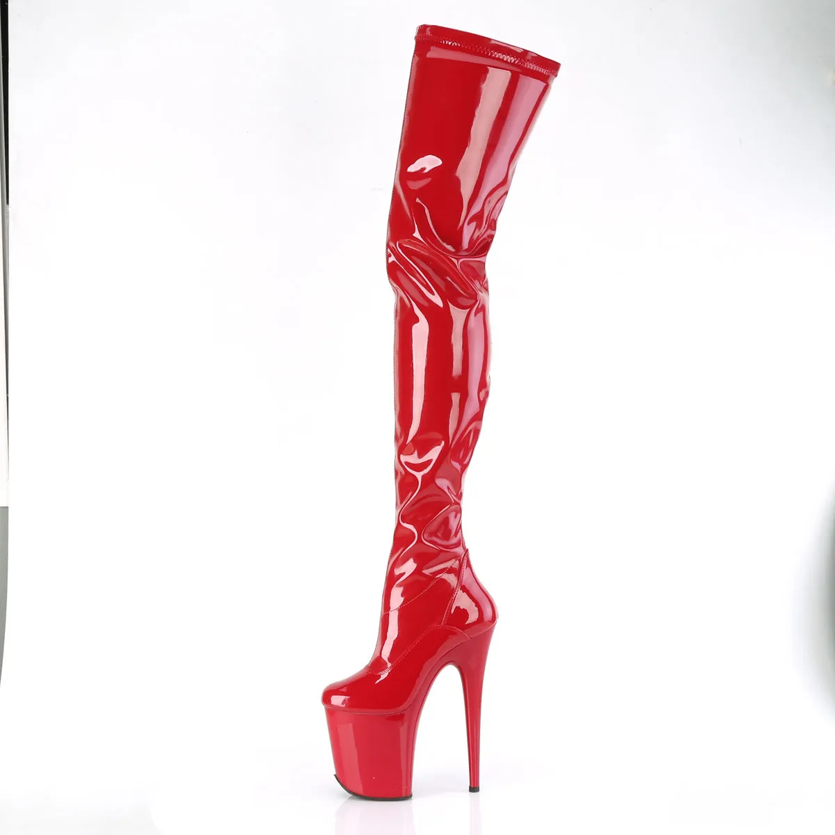 8 Inch Heel FLAMINGO-4000 Red Stretch Patent Boots Fluffy