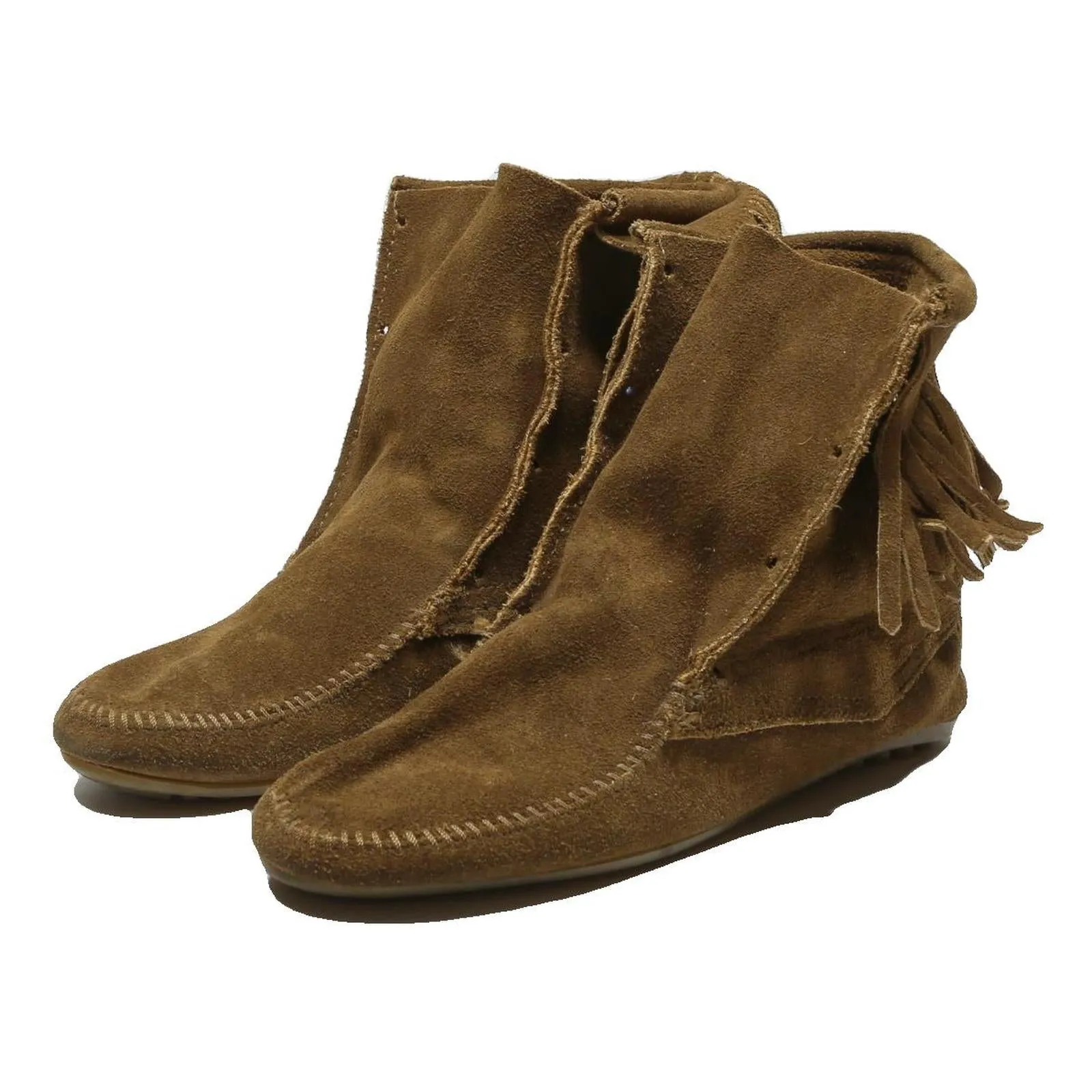 MINNETONKA Ankle Boots Mens Casual Brown Leather UK 7.5 Fringe Moccasin Slip-On