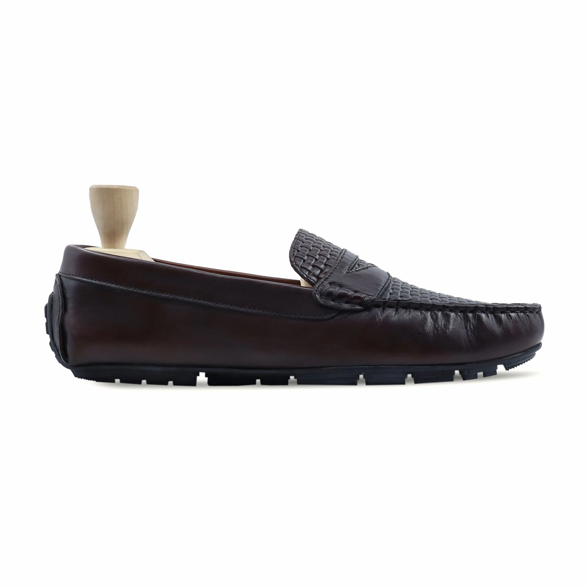 Moroni - Men's Dark Brown Calf And Hand Woven Calf Leather Driver Shoe Funky Loafers