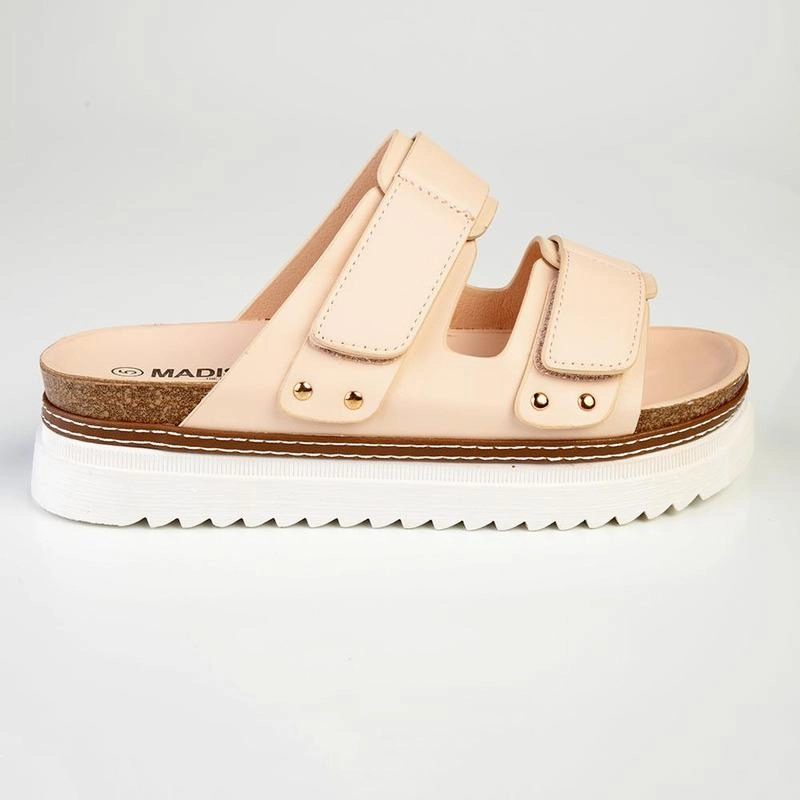 Madison JO Double Velcro Strap Sandals - Nude Warm Slip On Winter Boots