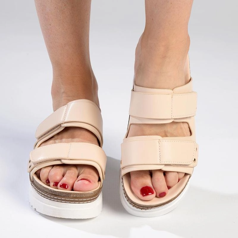 Cozy Slip On Slippers Madison JO Double Velcro Strap Sandals - Nude