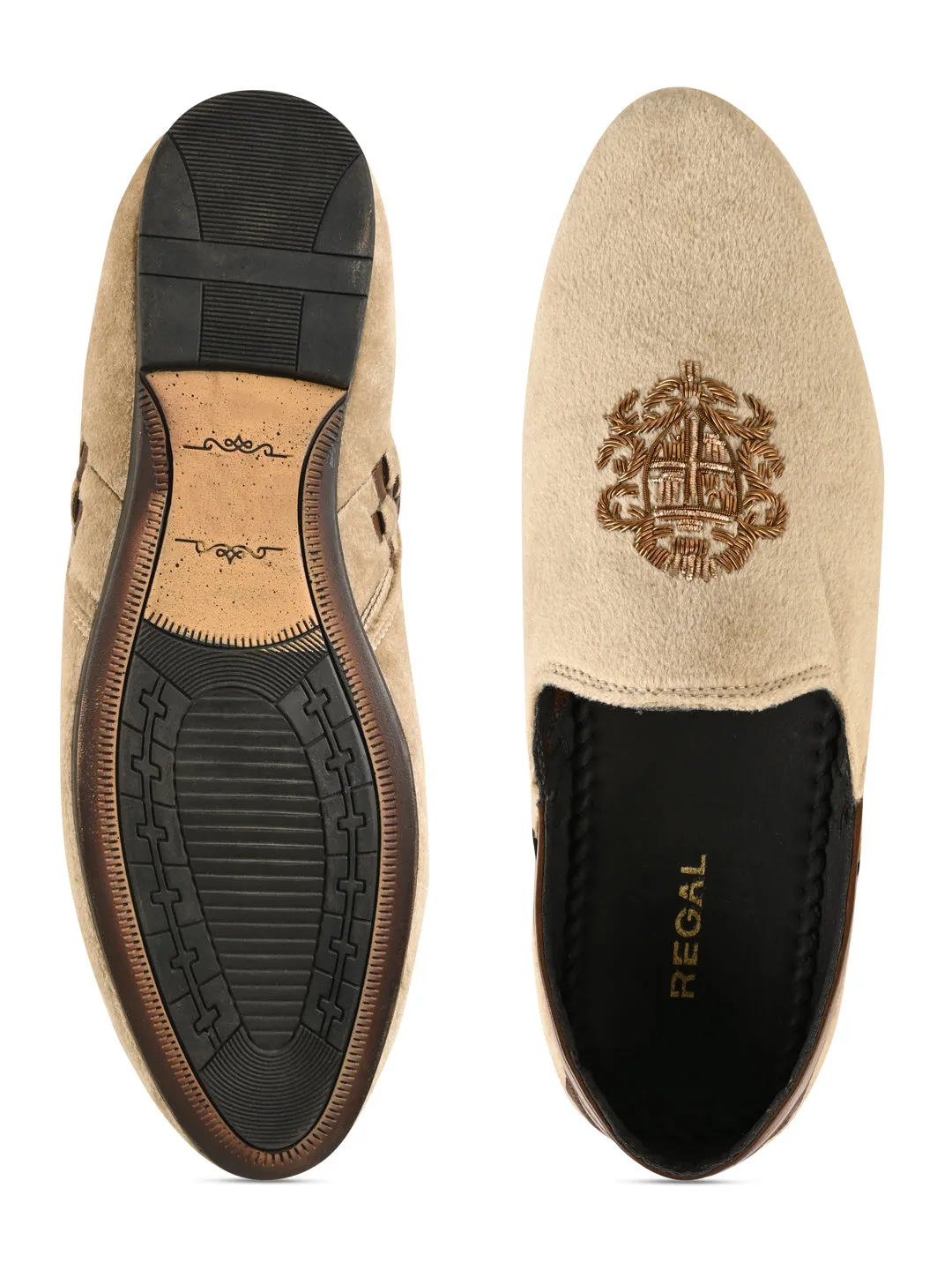 Alegria Slip On Regal Beige Men Velvet Embroidered Ethnic Slip Ons