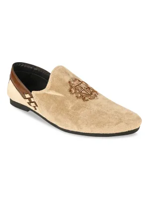 Regal Beige Men Velvet Embroidered Ethnic Slip Ons Terrain Slip Ons