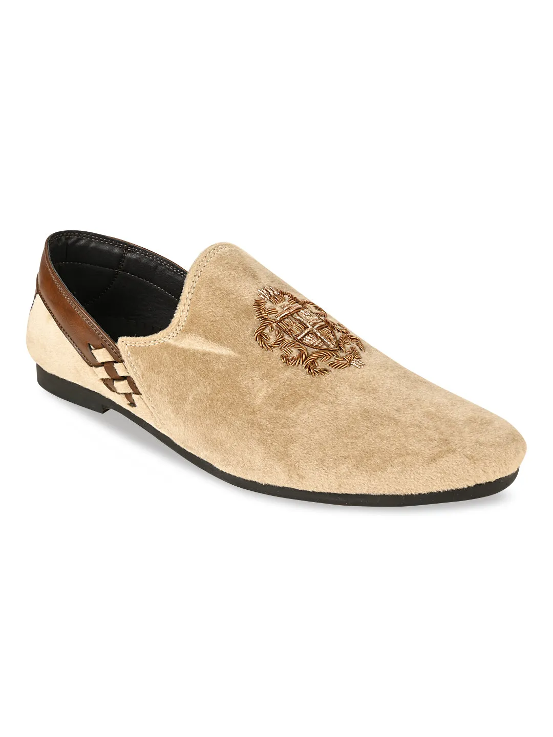 Regal Beige Men Velvet Embroidered Ethnic Slip Ons Tartan Slip-on Mules