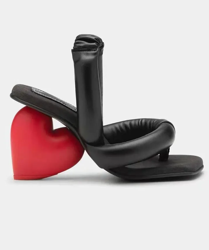 Leather Sandals Slides Novelty Black Peep Toe Chunky Sandals JJ013