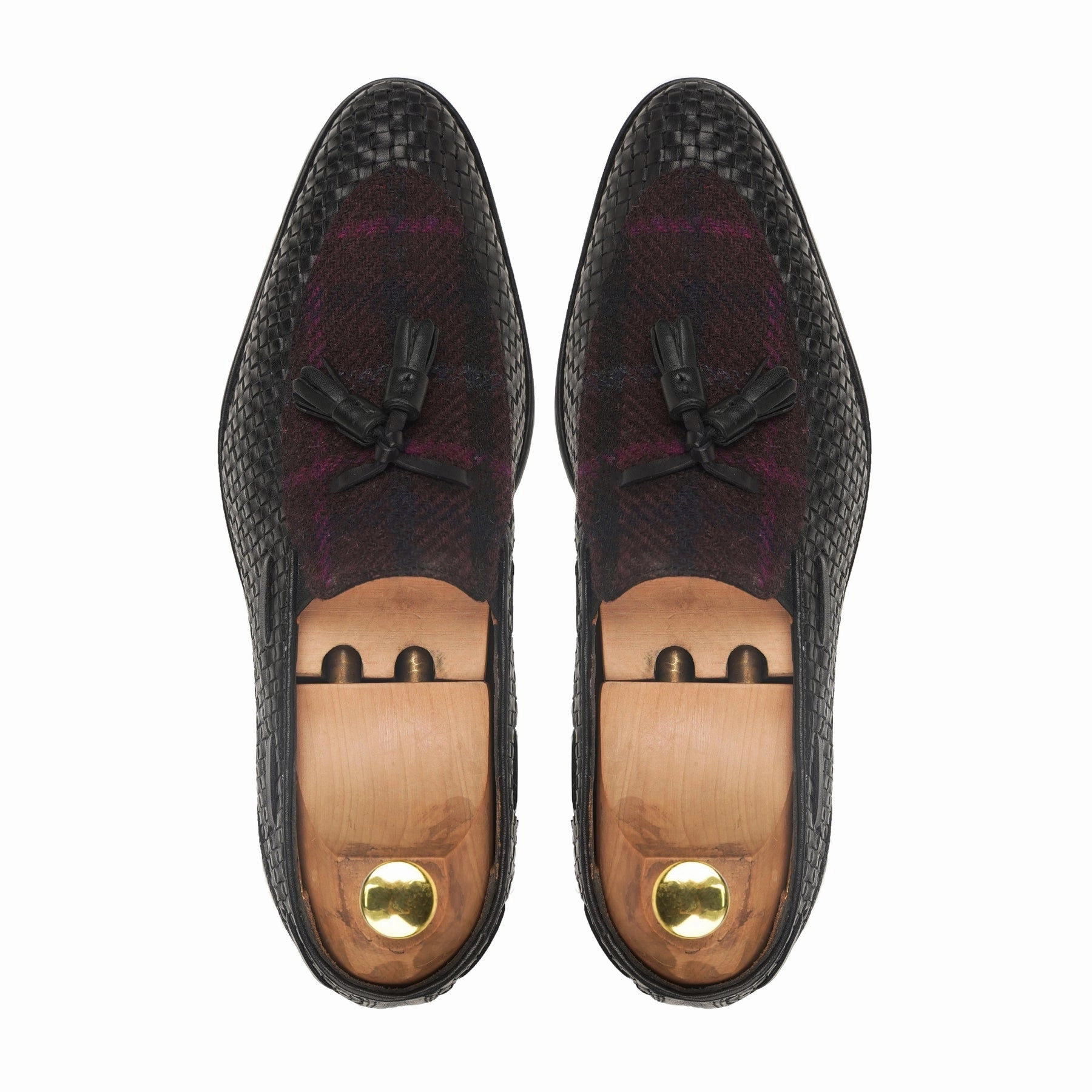 Pointed Toe Loafers Platform Okawa - Men's Black Hand Woven Calf Leather and Harris Tweed Loafer