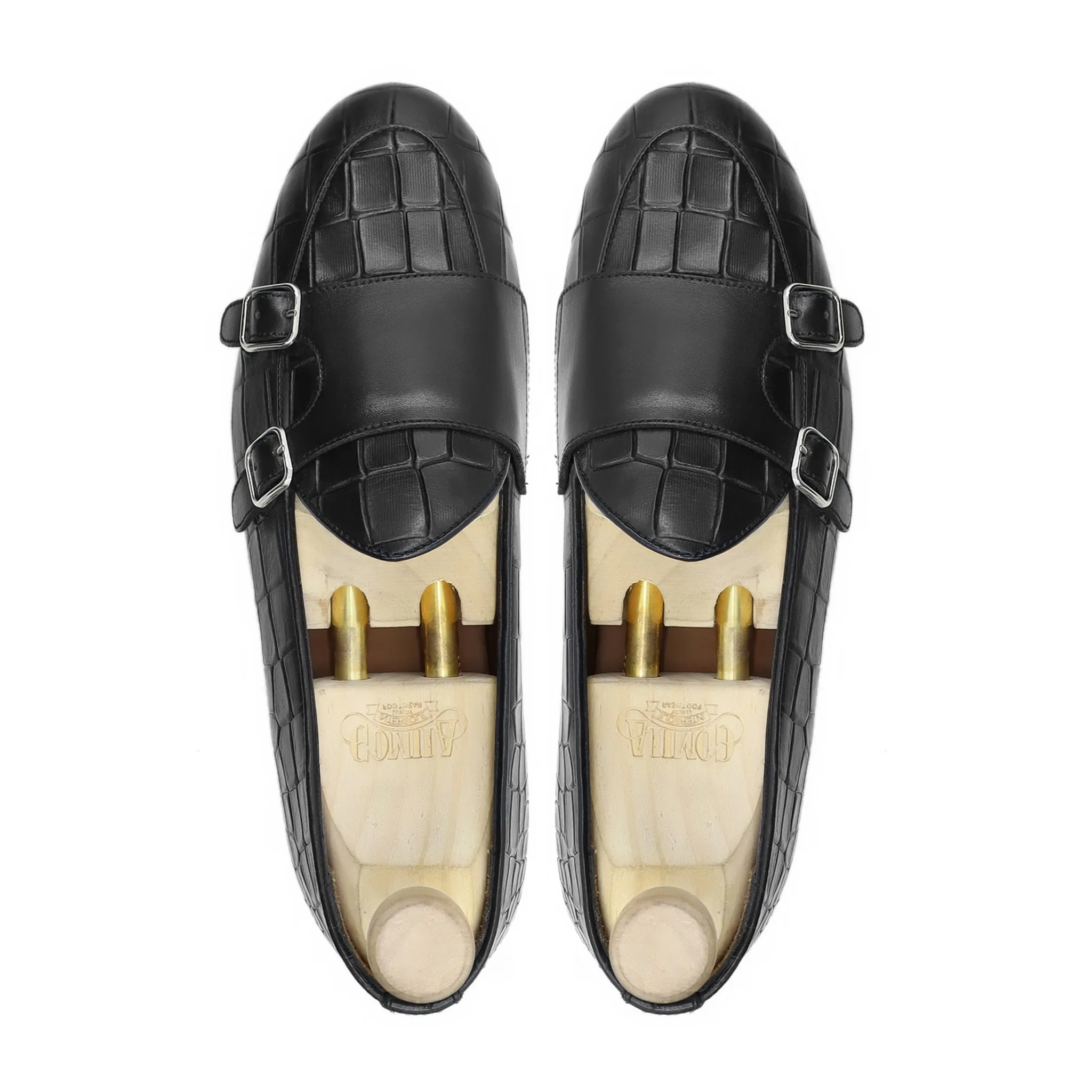 Septarian - Men's Black Calf Leather Double Monkstrap Loafers With Tiger