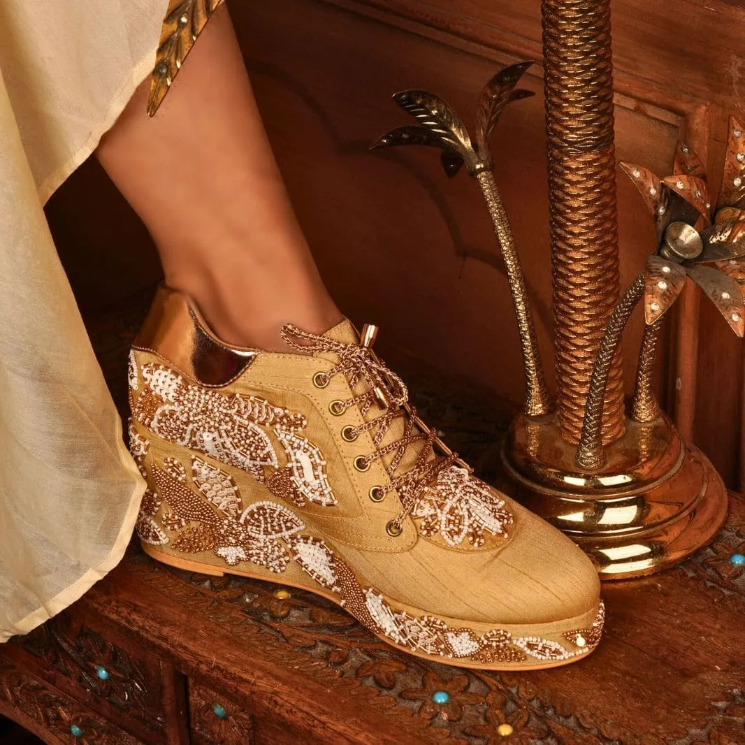 Custom Golden White Beaded Bridal sneaker wedges . Detachable High Heel Shoes