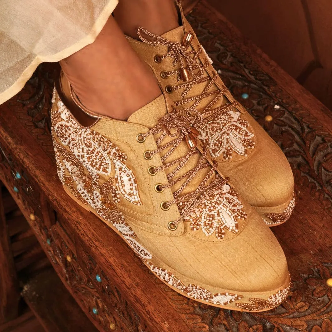 High Heels With Closed Toe Custom Golden White Beaded Bridal sneaker wedges .