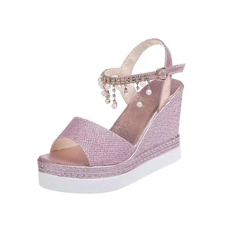 Heeled Sandals Slip On Peep Toe Summer Wedge Shoes