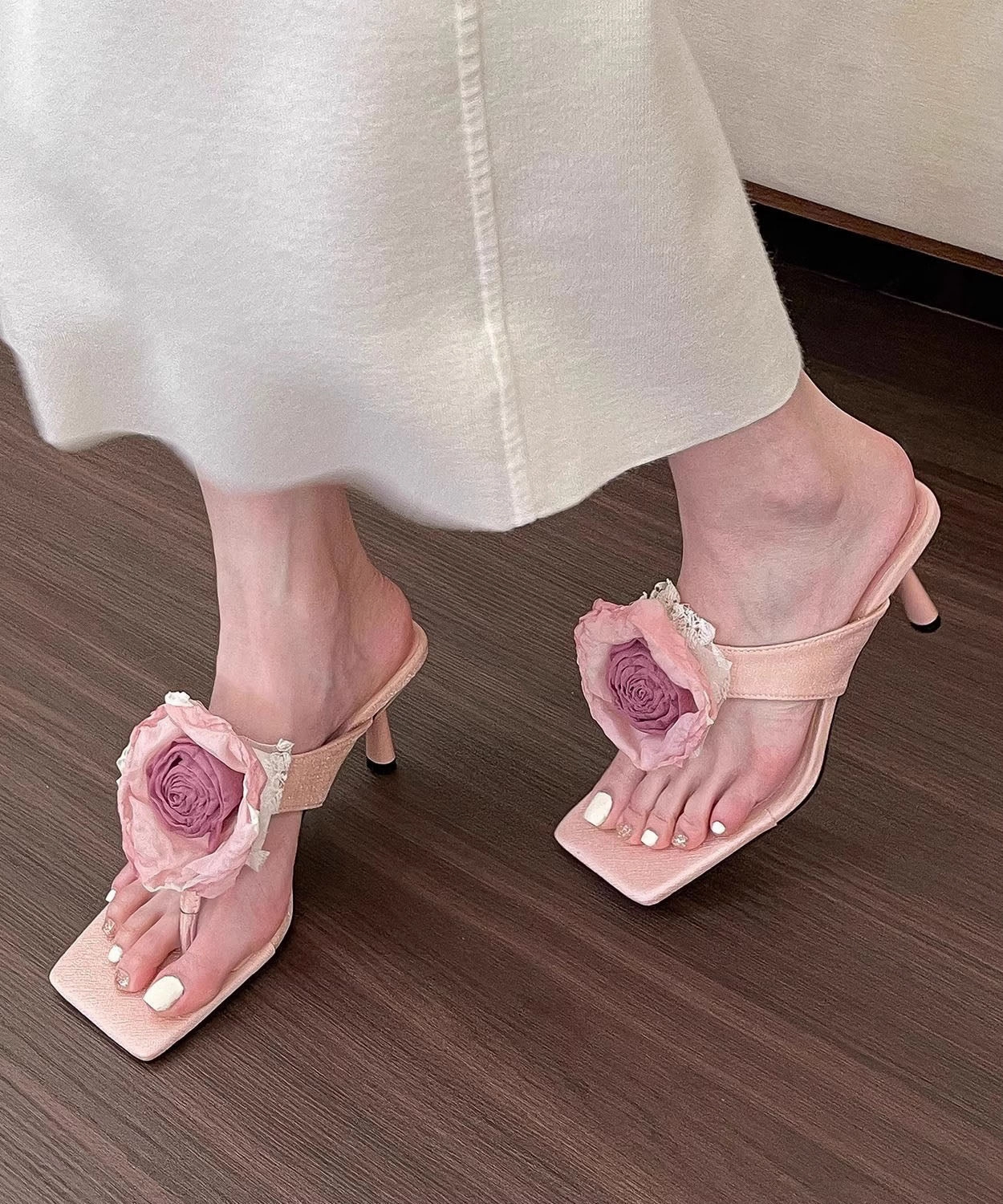 Best Slip Sneakers Walking Pink Stiletto Floral Fashion Splicing High Heel Flip Flops Peep Toe JJ084