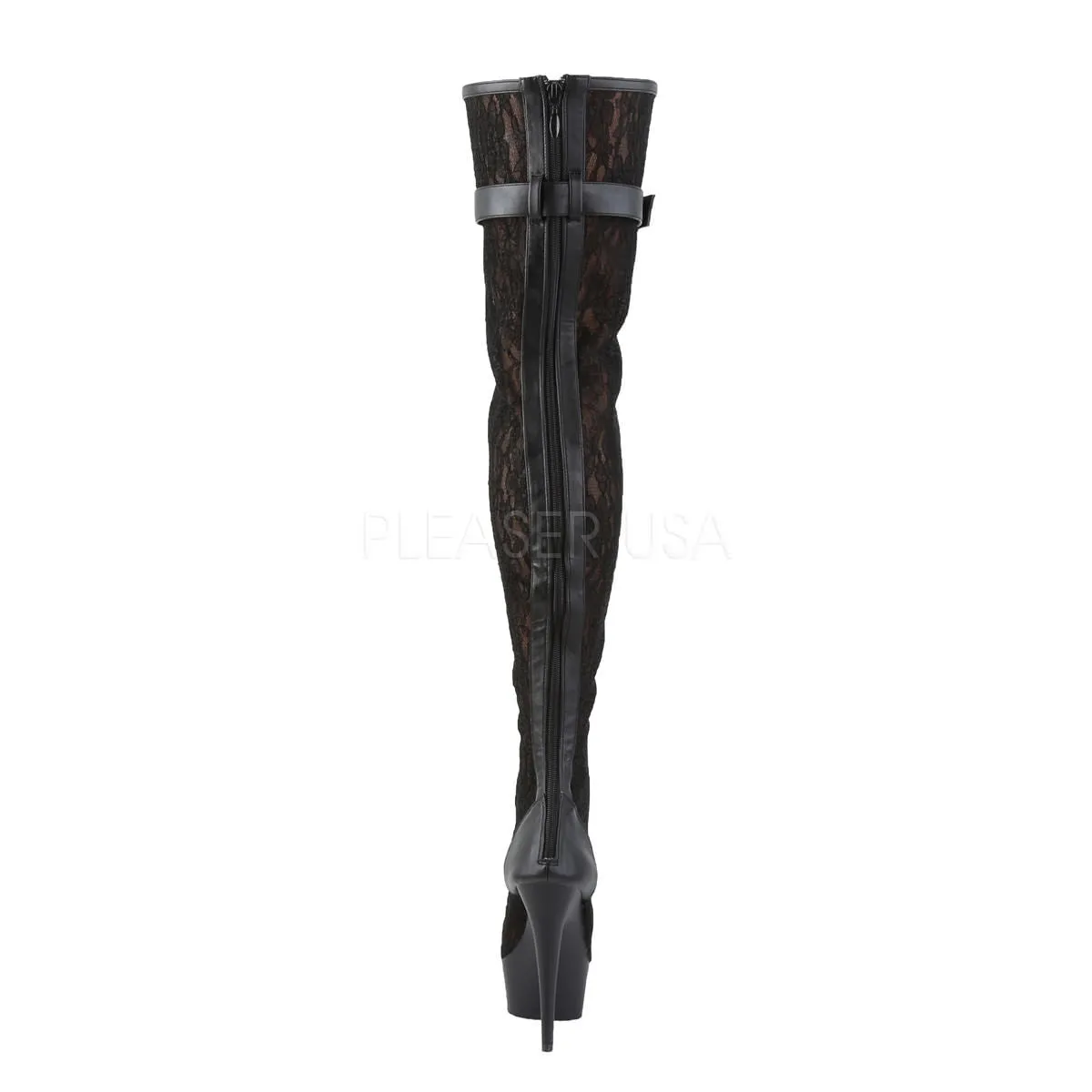 Pleaser DELIGHT-3025ML Black Pu-Mesh-Lace Open Toe Thigh Boots Mid Calf Boots