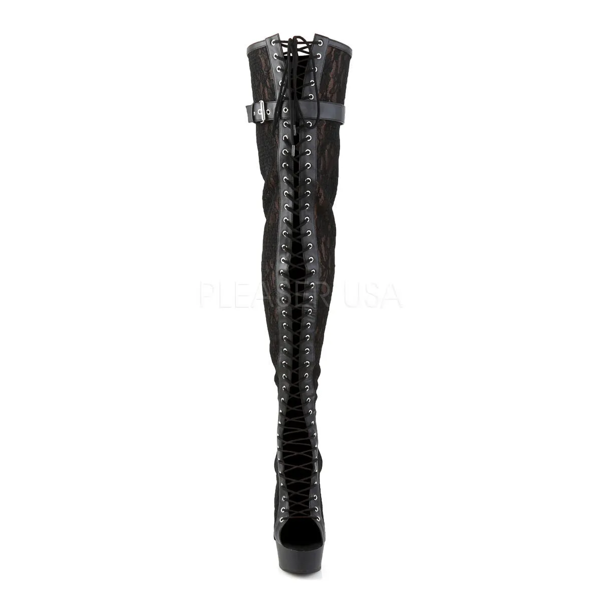 Waterproof Snowmobile Boots Pleaser DELIGHT-3025ML Black Pu-Mesh-Lace Open Toe Thigh Boots