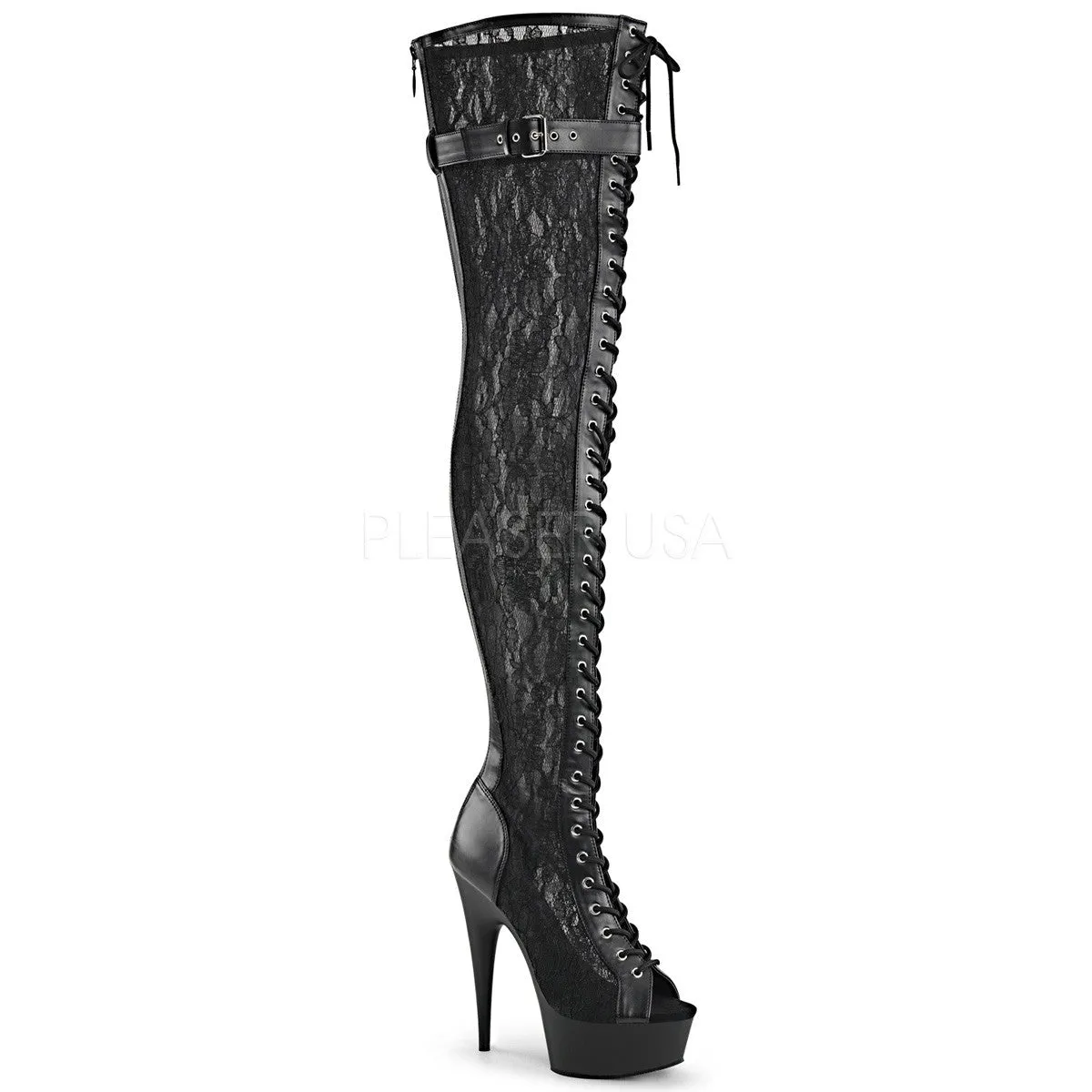 Western Chief Rain Boots Pleaser DELIGHT-3025ML Black Pu-Mesh-Lace Open Toe Thigh Boots