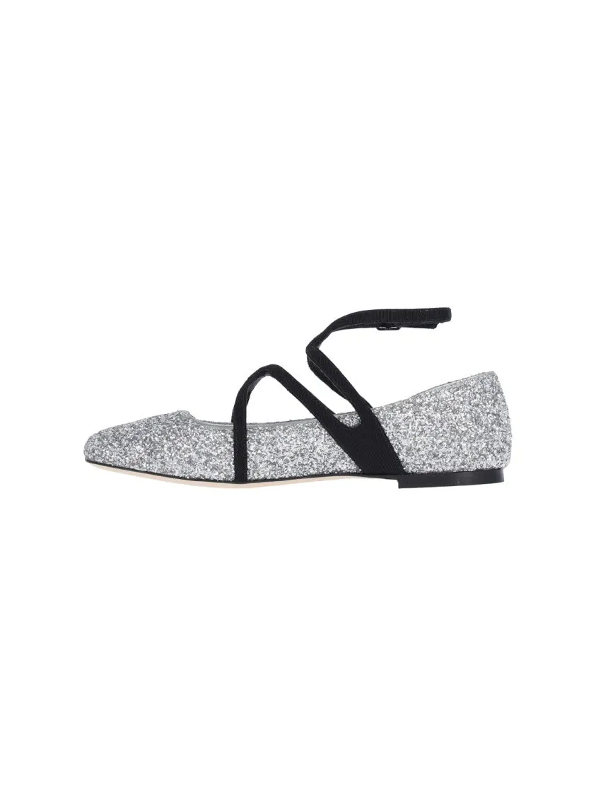 Frame Flat Shoes Pointed-Toe Glitter Ballerina Flats With Adjustable Ankle Strap