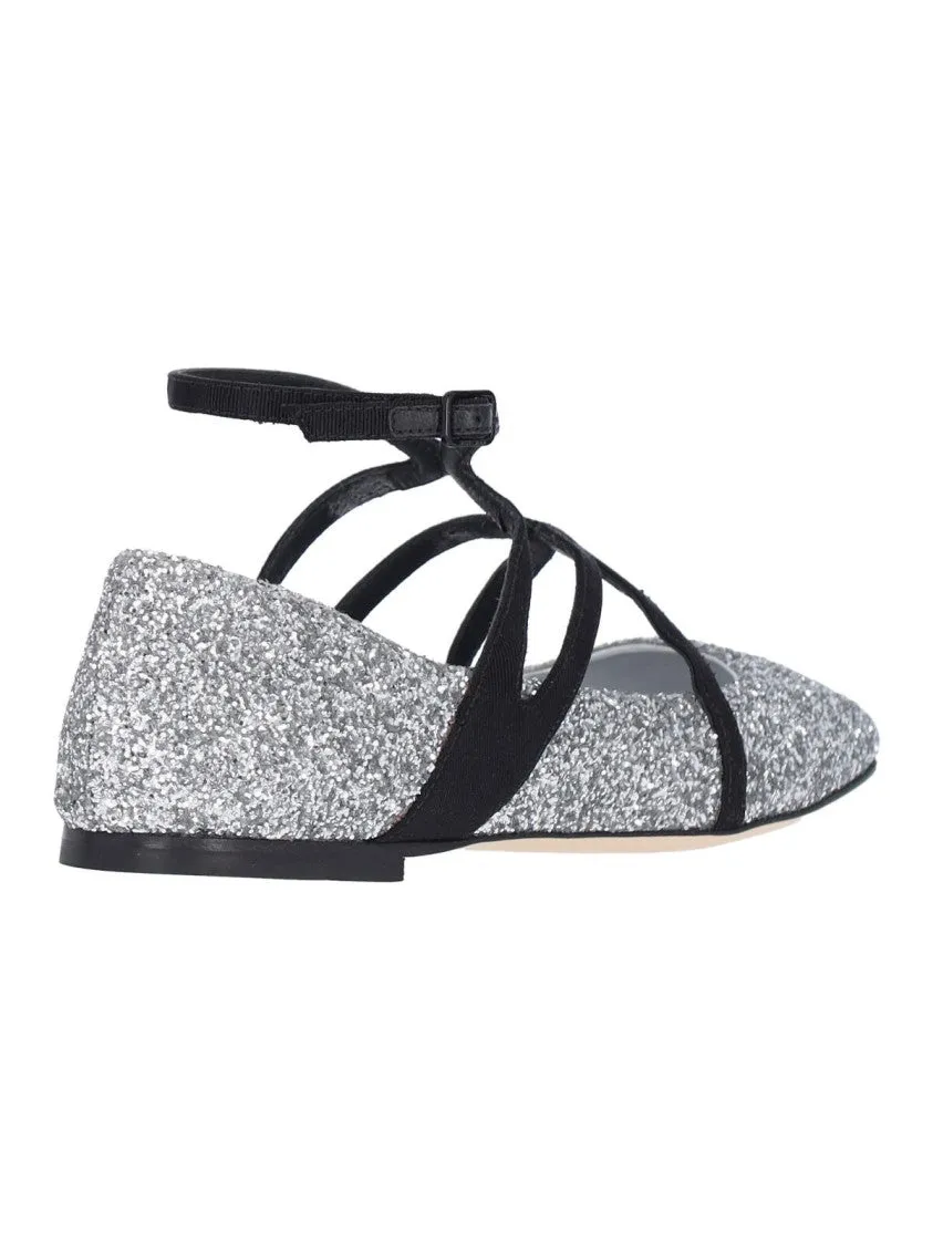 Pointed-Toe Glitter Ballerina Flats With Adjustable Ankle Strap Earth Flat Shoes