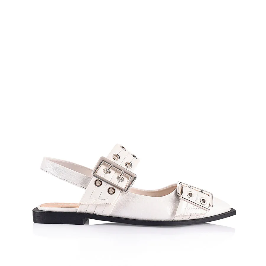 Top Flat Shoes Clea Slingback Buckle Flats - Chalk White Crinkle