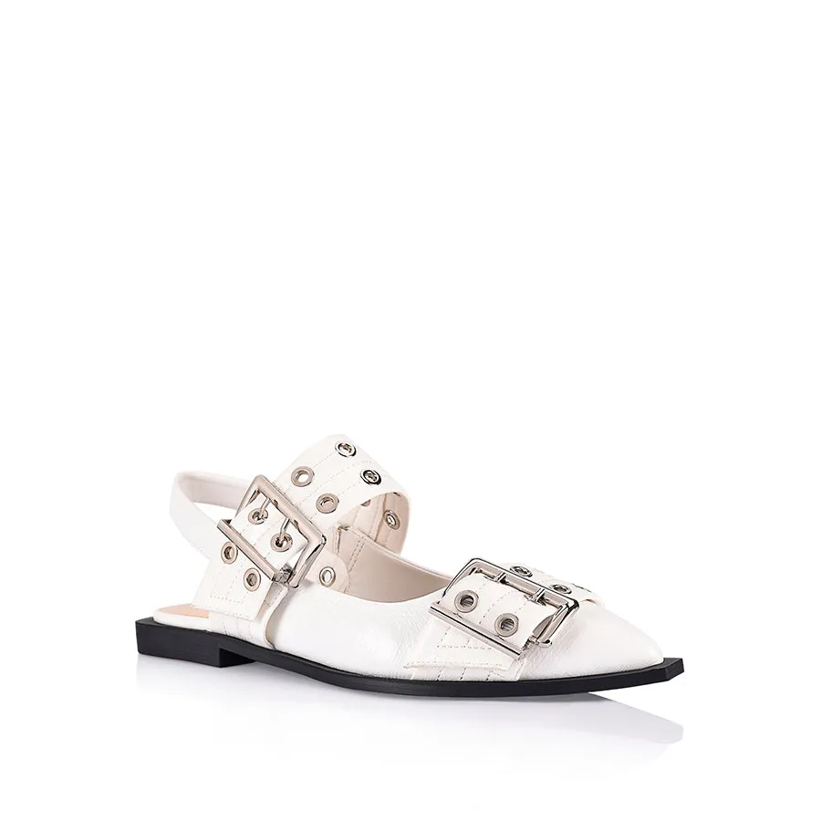 Clea Slingback Buckle Flats - Chalk White Crinkle Bling Flat Wedding Shoes