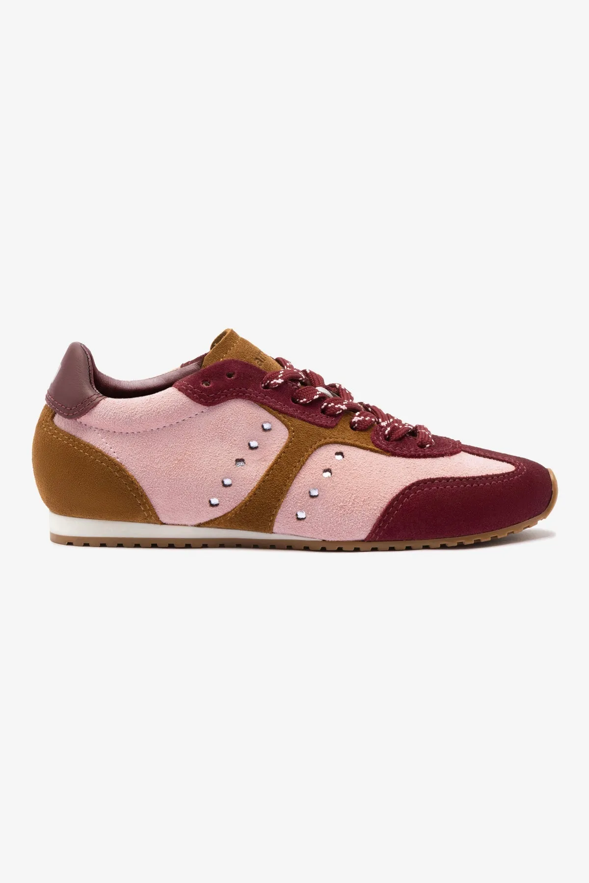 Retro Jordan Sneakers Stella Sneaker In Tulip, Russet and Wine Suede and Silver Metallic Leather