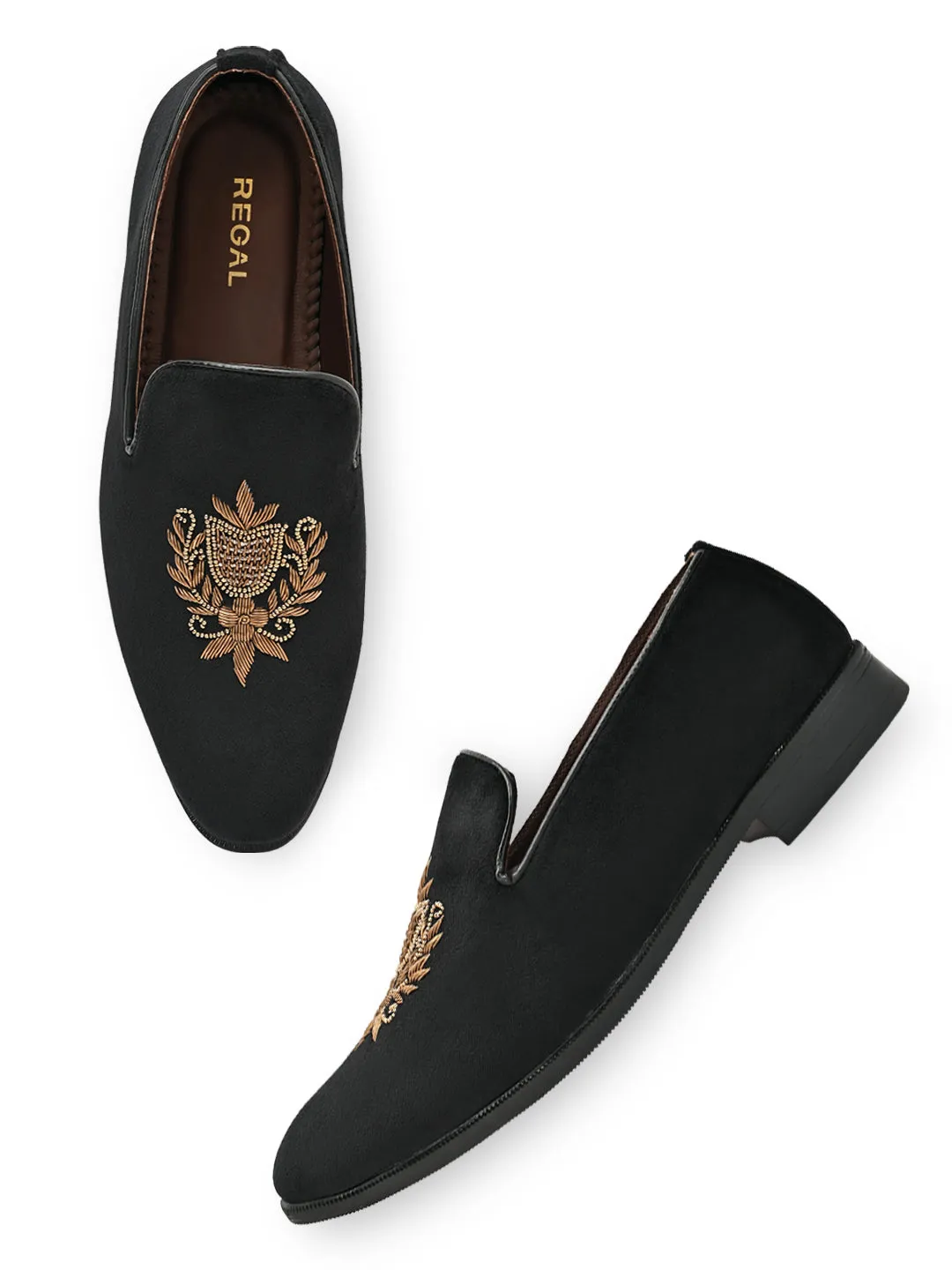 Slip On Platforms Regal Black Men Suede Embroidered Ethnic Slip Ons