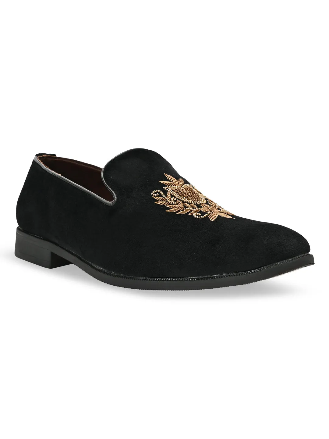 Regal Black Men Suede Embroidered Ethnic Slip Ons Slip-on Shoes For Elderly