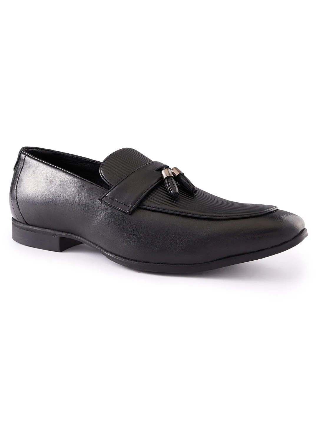 Slip On Slipper Regal Black Men Textured Leather Tasseled Formal Slip Ons