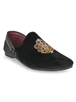 Checkered Slip Ons Regal Black Men Velvet Embroidered Ethnic Slip Ons