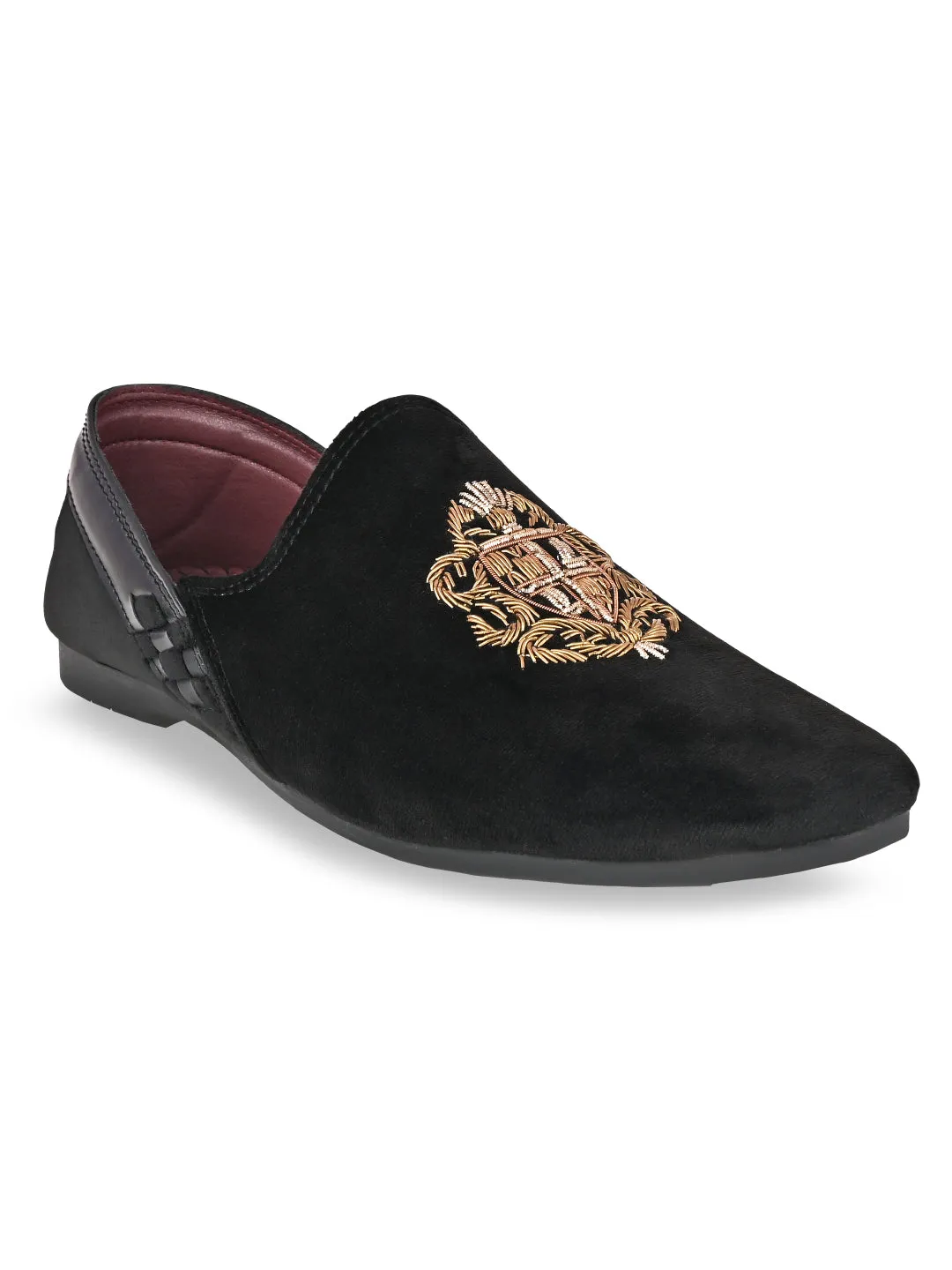 Embellished Slip On Shoes Regal Black Men Velvet Embroidered Ethnic Slip Ons