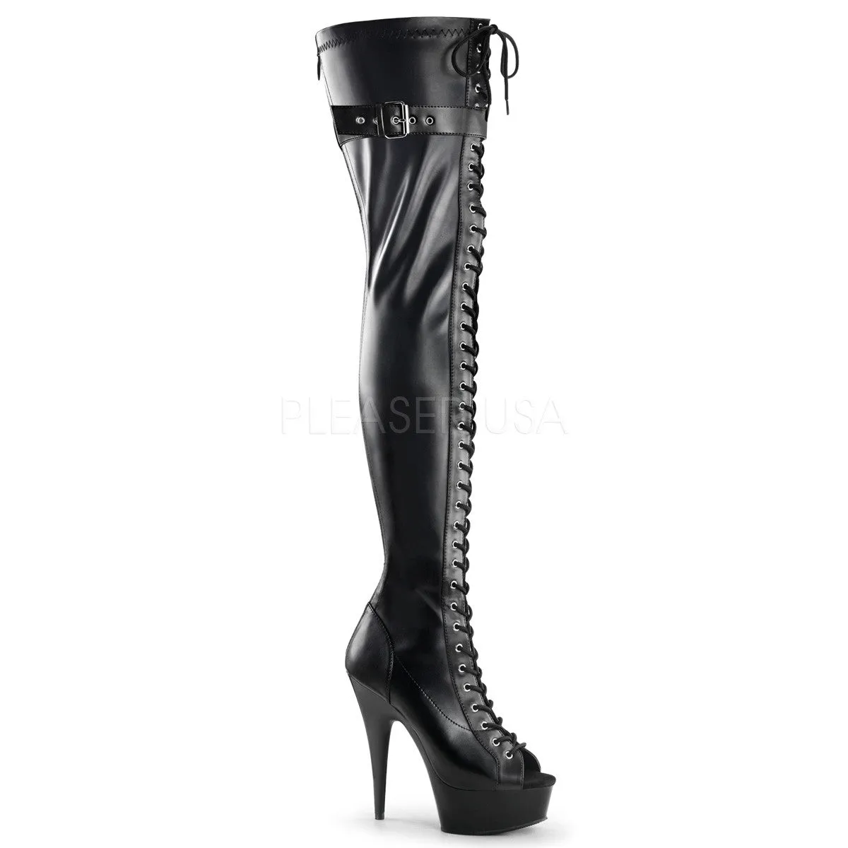 Police Tactical Boots Pleaser DELIGHT-3025 Black Stretch Pu Open Toe Thigh Boots