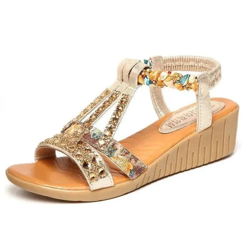 Rhinestone Strap Wedge Sandals Comfy Walking Sandals