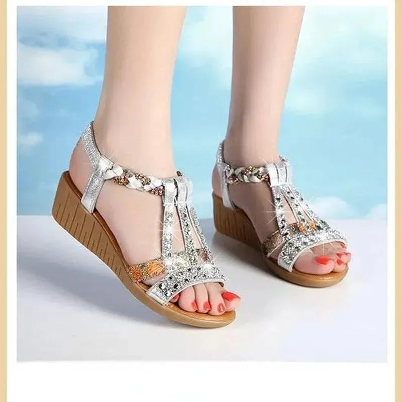 Rhinestone Strap Wedge Sandals Channel Sandals