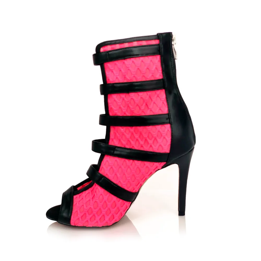 Riley - Fishnet with Buckle Straps Latin Dance Boots (Street Sole) Suede Wide Calf Boots