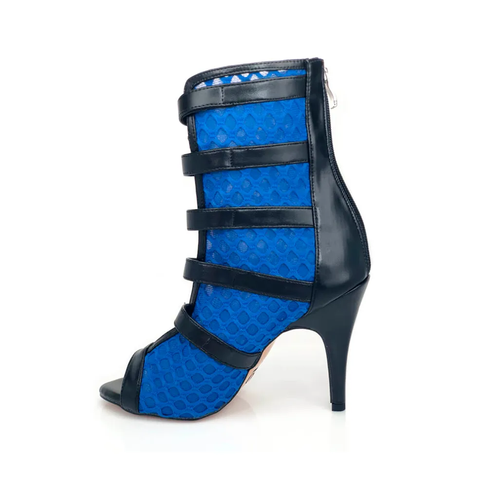 Riley - Fishnet with Buckle Straps Latin Dance Boots (Street Sole) Mini Cowboy Boots