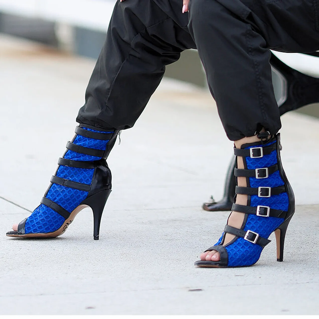 Riley - Fishnet with Buckle Straps Latin Dance Boots (Street Sole) Denim Thigh Boots