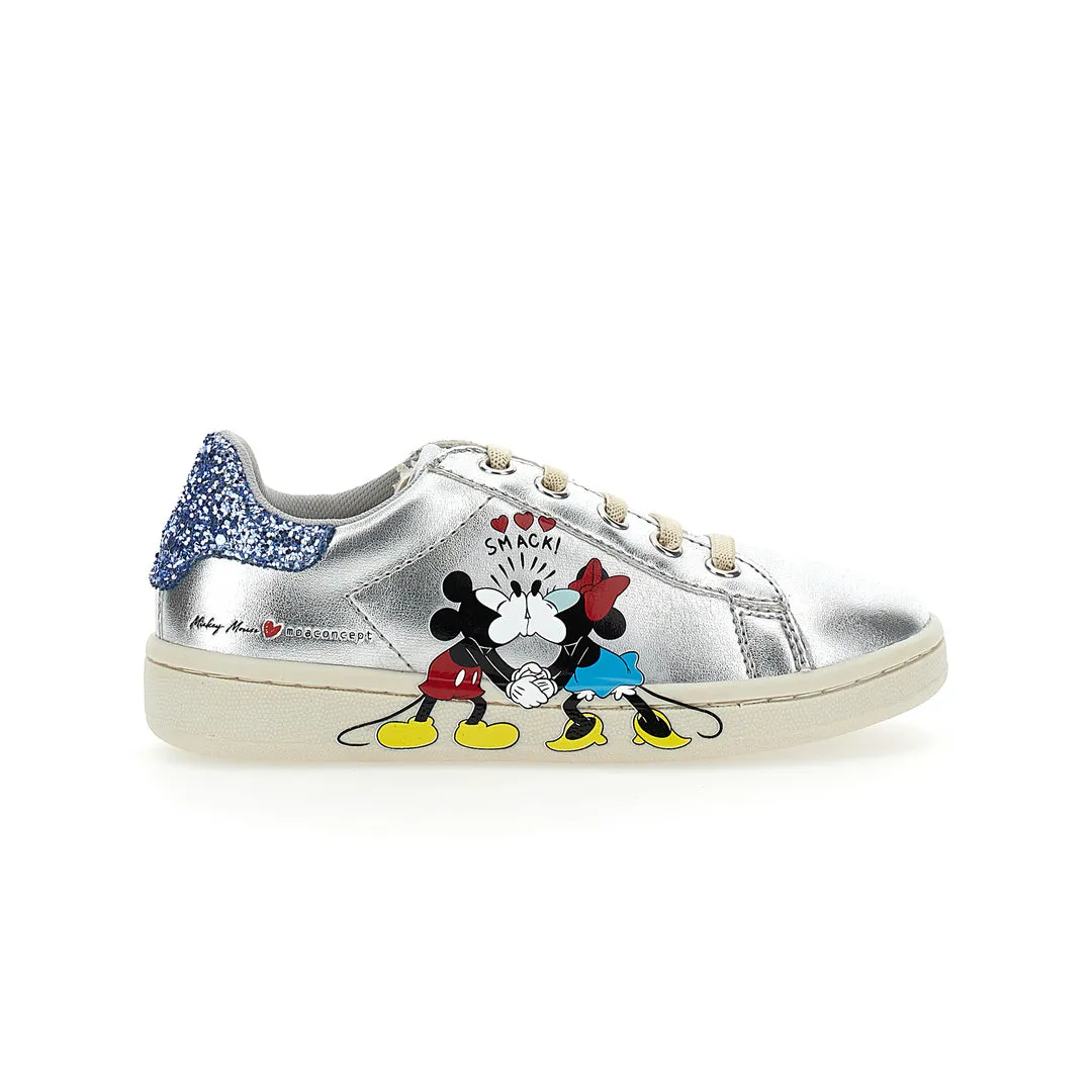 B Boy Sneakers Silver Mickey   Minnie Glitter Tab Velcro Sneakers