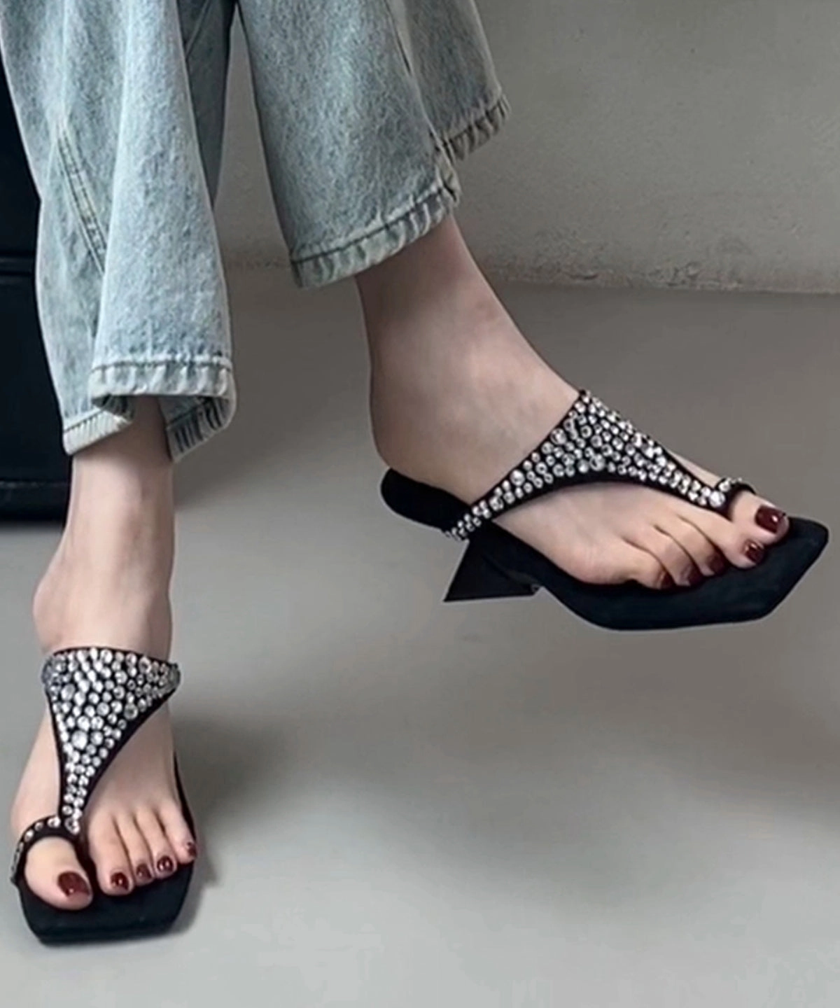 Sandals Black Suede Thong Stylish Zircon Splicing Wedge Frye Slip